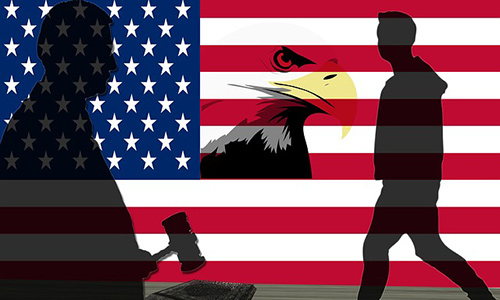 American flag with judge, bald eagle and person superimposed