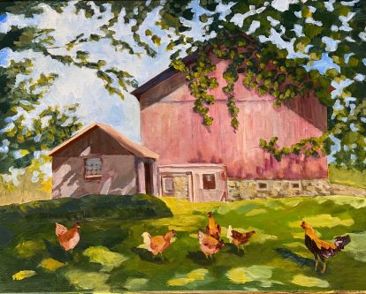 Painting of a barn with chickens in front to be painted in class