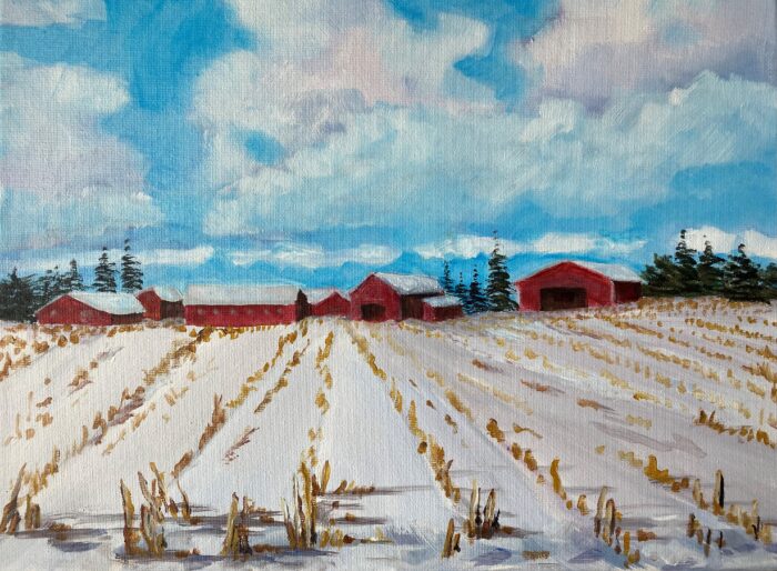 Sample of painting that will be made. Red barns in the distance of a snowy field
