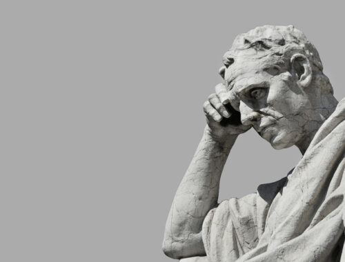 Thinking Man statue Julian the jurist statue in the act of thinking, from Old Palace of Justice in Rome (Black and White with copy space)