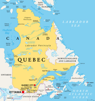 Quebec, largest province in the eastern part of Canada, political map Quebec, largest province in the eastern part of Canada, political map. Largest province, located in Central Canada, with capital Quebec City and largest city Montreal, along the St. Lawrence River.