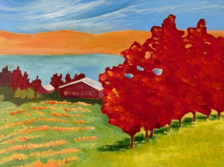 November easly Sample of November class, red barn in the distance with tree in the forefront.