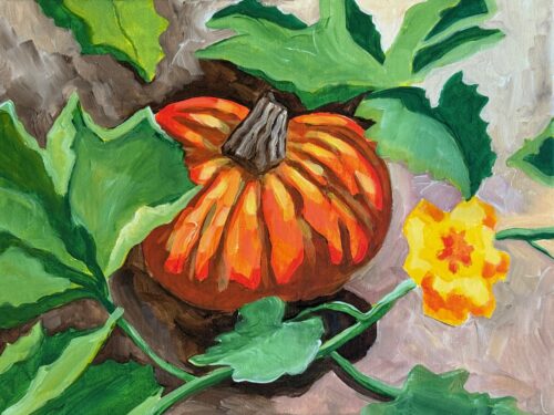 October Easel-y class Sample of October's painting, a pumpkin in a patch.