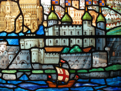 Stained Glass Window, Tudor galleon, Tower Of London Image of a Tudor galleon sailing past the Tower of London on a stained glass window.