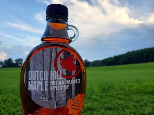 A bottle of Dutch Hill Maple maple syrup