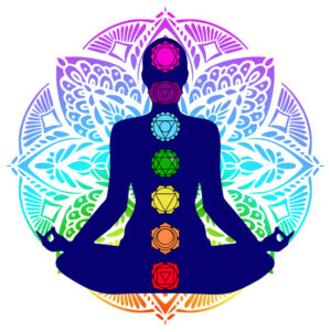 Human silhouette in yoga pose with chakras Human silhouette in yoga pose with chakras