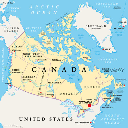 Canada, administrative divisions, political map. The ten provinces and three territories of Canada, with their borders and capitals. Country in North America, and second largest country of the world.