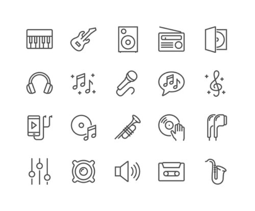 Simple Set of Music Related Vector Line Icons. Contains such Icons as Guitar, Treble Clef, In-ear Headphones, Trumpet and more