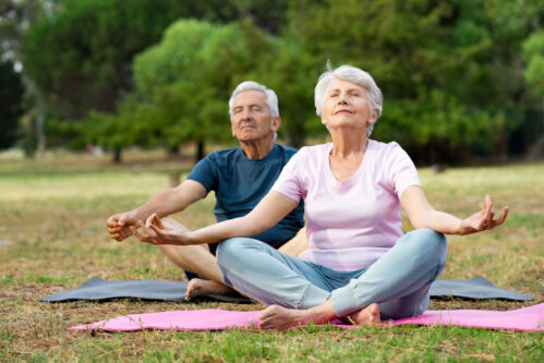 Senior couple doing yoga Senior man and elderly woman meditating sitting in lotus position at park with closed eyes.