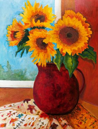 Sample picture of sunflower in a red vase that will be painted in class.