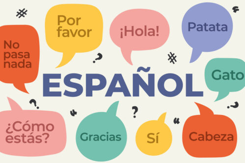 espanol word and speech bubbles with spanish words and phrases; perfect for language learning materials, classroom posters, or educational social media content Espanol word and speech bubbles with Spanish words and phrases