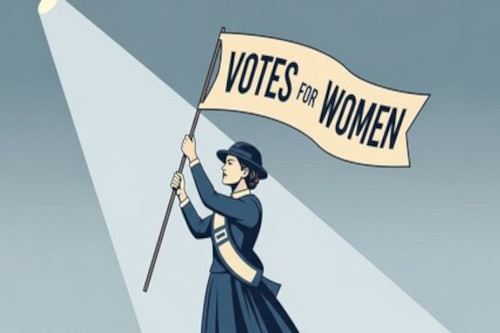 Cartoon woman holding "Votes for Women" sign