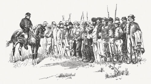 Confederate captive soldiers after the Battle of Nashville, Tennessee, December 15 - 16, 1864 during the American Civil War. Wood engraving, published in 1886.