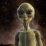 A portrait of the head and upper torso of a yellow-green extra terrestrial being standing under a clear starry sky with some background haze.