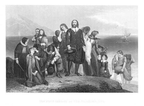 English Pilgrims, Protestant Puritans, colonized Plymouth, Massachusetts, in 1620. Puritans escaped religious persecution in England. Steel engravings published 1874. Original edition is from a history book in my own archives. Copyright has expired and is in Public Domain.